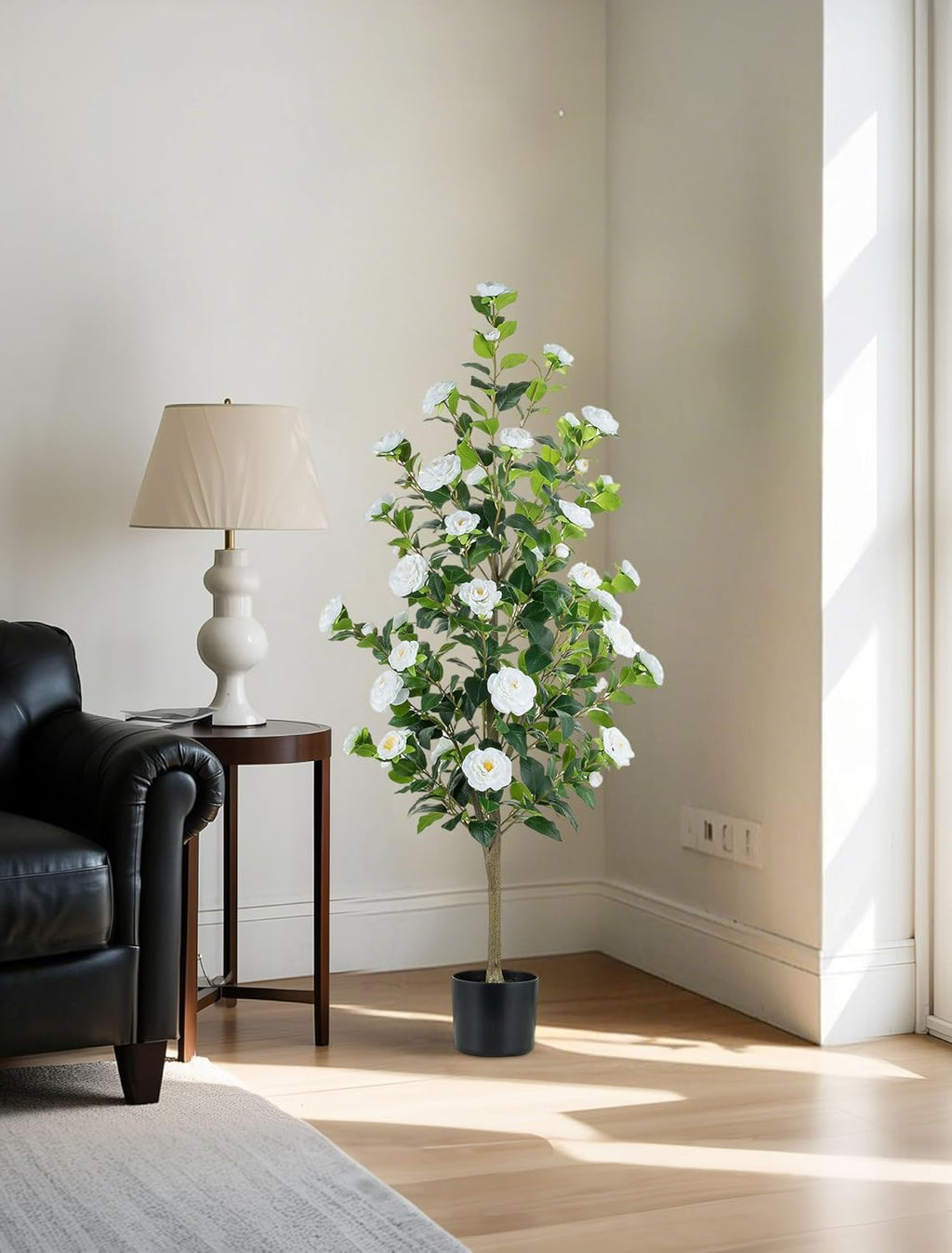 Artificial Tree Plants Outdoor: 4.9ft Tall Fake Camellia Flower Trees for Home Front Porch Decor