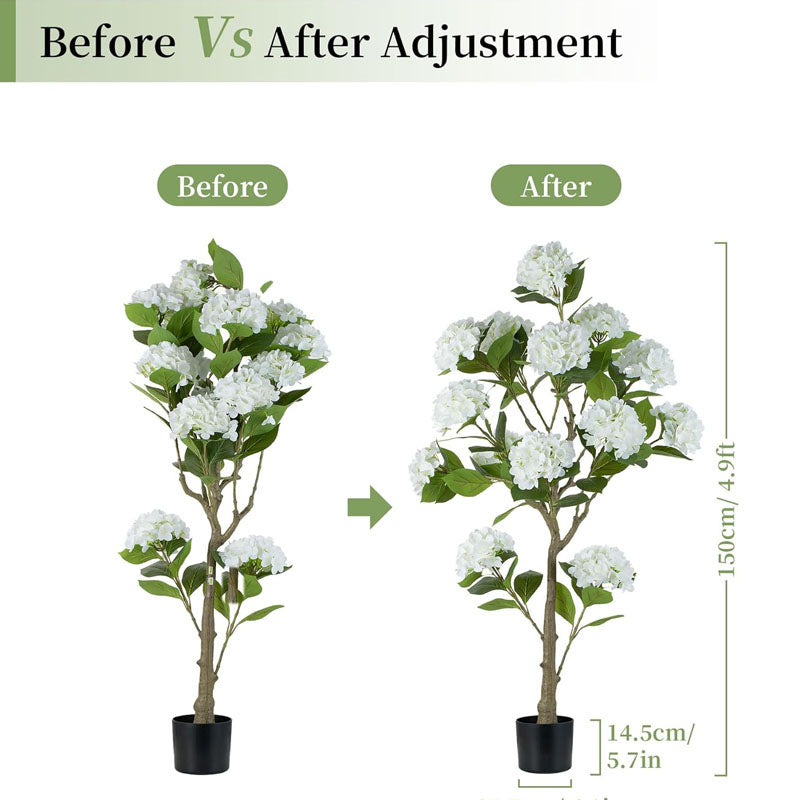 White Hydrangea Artificial Trees: 5ft Fake Silk Plants for Home Living Room Decor Indoor