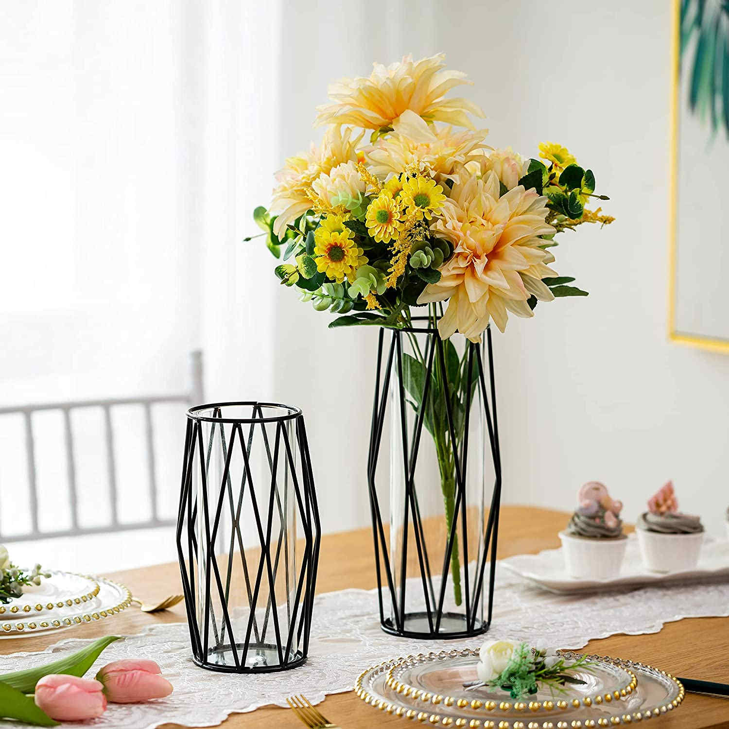 Glass Geometric Flower Vase Set of 2 for Table Wedding Party Centerpiece Home Decor