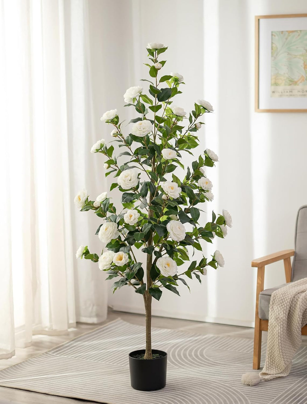 Artificial Tree Plants Outdoor: 4.9ft Tall Fake Camellia Flower Trees for Home Front Porch Decor